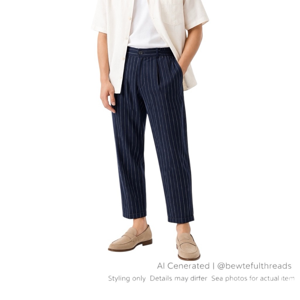 Relaxed Linen Pinstripe Trousers Navy Elastic Waist M-L Ankle